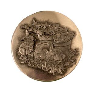 Metzke Cookie Tin Vintage Pewter Embossed Bunny Rabbits in a Garden